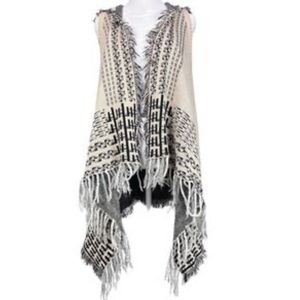 ✨Cliché Couture Patchwork Fringe Hooded Sweater Vest Boho Geometric Knit S ✨